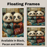 Adorable Painting of Two Happy Panda Bears in Floral Pajamas Sitting Together with Big Eyes and Gentle Smiles in a Soft Whimsical Style on Ready to Hang 1.5" Thick Canvas Wrap, Floating Framed Canvas, Flat Rolled Canvas