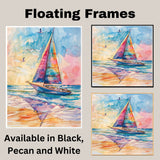Colorful Sailboat Watercolor Painting with Ocean Waves, Sunset Sky, and Flying Seagulls on Ready to Hang 1.5" Thick Canvas Wrap, Floating Framed Canvas, Flat Rolled Canvas