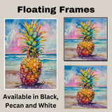 Watercolor Painting of Bright Pineapple with Tropical Ocean Waves and Colorful Sunset Sky on Ready to Hang 1.5" Thick Canvas Wrap, Floating Framed Canvas, Flat Rolled Canvas