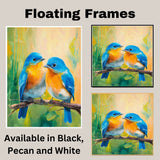 Charming Bluebird Pair Artwork Featuring Bright Blue and Orange Plumage Perched on a Branch with a Soft Green and Yellow Nature-Inspired Background on Ready to Hang 1.5" Thick Canvas Wrap, Floating Framed Canvas, Flat Rolled Canvas