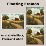 Sunny Country Road with Red Barn and Wildflowers – Peaceful Folk Art Rural Landscape Print on Ready to Hang 1.5" Thick Canvas Wrap, Floating Framed Canvas, Flat Rolled Canvas