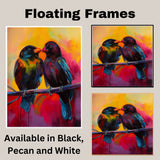 Two Vibrant Black Birds Sitting on a Branch with Bold Neon Colors and Dramatic Yellow and Red Background Capturing a Lively and Expressive Moment in Nature on Ready to Hang 1.5" Thick Canvas Wrap, Floating Framed Canvas, Flat Rolled Canvas