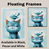 Smiling Blue Cat with Sweet Bird on Head Joyful Animal Art for Nursery Kids Room and Pet Lovers Heartwarming Gift for Cat and Bird Enthusiasts on Ready to Hang 1.5" Thick Canvas Wrap, Floating Framed Canvas, Flat Rolled Canvas