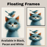 Big-Eyed Blue Kitten with Bird on Head Sweet and Whimsical Animal Illustration for Nursery or Kids Room Art Print Perfect for Cat and Bird Lovers on Ready to Hang 1.5" Thick Canvas Wrap, Floating Framed Canvas, Flat Rolled Canvas