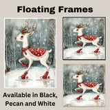 Whimsical Christmas Deer Ice Skating in Red Snowflake Blanket with Holly Antlers Woodland Winter Illustration Holiday Nursery Wall Art or Canvas Print on Ready to Hang 1.5" Thick Canvas Wrap, Floating Framed Canvas, Flat Rolled Canvas
