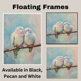 Elegant Lovebirds Perched on a Branch with Soft Blue and Pink Pastel Background on Ready to Hang 1.5" Thick Canvas Wrap, Floating Framed Canvas, Flat Rolled Canvas