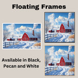 Frosted Memories – White Cottage and Red Barn in Wintertime on Ready to Hang 1.5" Thick Canvas Wrap, Floating Framed Canvas, Flat Rolled Canvas