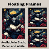 Dark Fantasy Devil Figure Reading a Book Amid Red Roses and Skulls, Gothic Surreal Scene with Horns, Glowing Eyes, and Swirling Starry Background on Ready to Hang 1.5" Thick Canvas Wrap, Floating Framed Canvas, Flat Rolled Canvas