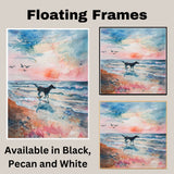 Watercolor Dog Running on Beach at Sunset with Ocean Waves and Birds in Serene Coastal Landscape Art Print on Ready to Hang 1.5" Thick Canvas Wrap, Floating Framed Canvas, Flat Rolled Canvas