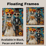 Skeleton Bride and Groom with Floral Accents – Día de los Muertos Wedding Painting with Bold Colors on Ready to Hang 1.5" Thick Canvas Wrap, Floating Framed Canvas, Flat Rolled Canvas