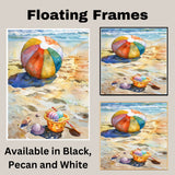 Watercolor Painting of a Colorful Beach Ball and Toy Bucket with Shells on Sandy Shoreline by the Ocean on Ready to Hang 1.5" Thick Canvas Wrap, Floating Framed Canvas, Flat Rolled Canvas