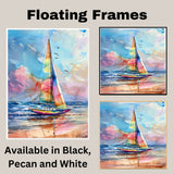 Watercolor Painting of Multicolored Sailboat on Ocean Waves with Birds and Beach Reflections on Ready to Hang 1.5" Thick Canvas Wrap, Floating Framed Canvas, Flat Rolled Canvas
