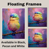 Expressive Portrait of a Colorful Baby Bird on Branch in Abstract Blue and Pink Brushstrokes for Modern Art Lovers and Bold Room Statements on Ready to Hang 1.5" Thick Canvas Wrap, Floating Framed Canvas, Flat Rolled Canvas