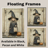 A Little Girl Dressed in a Witch Costume with Cat and Pumpkin on Ready to Hang 1.5" Thick Canvas Wrap, Floating Framed Canvas, Flat Rolled Canvas