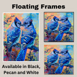 Blue Jay Pair with Striking Feathers on Colorful Abstract Branch Background Ideal Gift for Birdwatchers Nature Lovers and Artistic Home Accents on Ready to Hang 1.5" Thick Canvas Wrap, Floating Framed Canvas, Flat Rolled Canvas