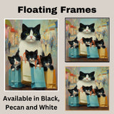 Retail Therapy: Tuxedo Cat Mom with Three Kittens in Chic Paper Bags on Ready to Hang 1.5" Thick Canvas Wrap, Floating Framed Canvas, Flat Rolled Canvas