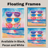 Watercolor Illustration of Three Colorful Sunglasses Stacked with Ocean Reflections and Vibrant Beach Background on Ready to Hang 1.5" Thick Canvas Wrap, Floating Framed Canvas, Flat Rolled Canvas