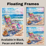 Watercolor Painting of Plaid Beach Chair and Woven Basket on Sandy Shore with Colorful Blanket and Gentle Ocean Waves on Ready to Hang 1.5" Thick Canvas Wrap, Floating Framed Canvas, Flat Rolled Canvas