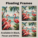 Tropical Flamingos on Beach with Palm Trees and Ocean Waves in Watercolor Illustration Art Print on Ready to Hang 1.5" Thick Canvas Wrap, Floating Framed Canvas, Flat Rolled Canvas