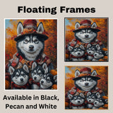 Autumn Breeze: Siberian Husky Mom and Her Three Puppies in a Fall Landscape on Ready to Hang 1.5" Thick Canvas Wrap, Floating Framed Canvas, Flat Rolled Canvas