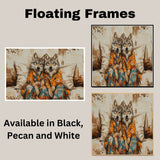 Majestic Painting of Two Wolves in Pajamas Sitting on a Cozy Bed with Warm Tones and Floral Accents in a Whimsical Woodland-Inspired Composition on Ready to Hang 1.5" Thick Canvas Wrap, Floating Framed Canvas, Flat Rolled Canvas