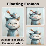 Happy Calico Cat with Orange-Tailed Bird on Head Adorable Animal Illustration for Kids Room or Nursery Whimsical Art Print for Cat and Bird Lovers on Ready to Hang 1.5" Thick Canvas Wrap, Floating Framed Canvas, Flat Rolled Canvas