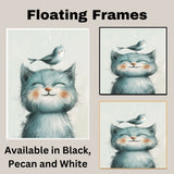 Charming Illustration of Smiling Blue Kitten with Tiny Bird on Head – Whimsical Animal Art Print Perfect for Nursery Decor or Gifts for Cat and Bird Lovers on Ready to Hang 1.5" Thick Canvas Wrap, Floating Framed Canvas, Flat Rolled Canvas