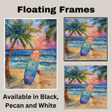 Watercolor Painting of a Colorful Surfboard on Beach at Sunset with Palm Trees on Ready to Hang 1.5" Thick Canvas Wrap, Floating Framed Canvas, Flat Rolled Canvas