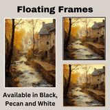 Autumnal Stream by the Cottage – Rustic Fall Landscape Oil Painting Print on Ready to Hang 1.5" Thick Canvas Wrap, Floating Framed Canvas, Flat Rolled Canvas