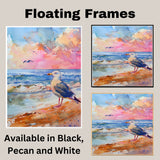 Watercolor Seagull Standing on Shore with Sunset Sky and Waves in a Vibrant Coastal Scene on Ready to Hang 1.5" Thick Canvas Wrap, Floating Framed Canvas, Flat Rolled Canvas