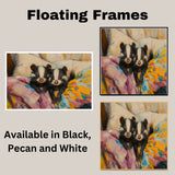 Sweet Painting of Two Baby Skunks Nestled in Colorful Bedding with Curious Faces and Bright Eyes Surrounded by Soft Pillows and Vibrant Brushstrokes on Ready to Hang 1.5" Thick Canvas Wrap, Floating Framed Canvas, Flat Rolled Canvas