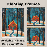 Red House in Snowy Forest with Golden Windows and Winding Path Beneath Falling Snowflakes and Starry Winter Sky on Ready to Hang 1.5" Thick Canvas Wrap, Floating Framed Canvas, Flat Rolled Canvas