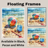 Watercolor Beach Scene with Colorful Ball, Seashells, Starfish, Blue Bucket, and Shovel on Sandy Shore by the Ocean on Ready to Hang 1.5" Thick Canvas Wrap, Floating Framed Canvas, Flat Rolled Canvas