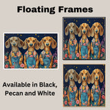 Three Adorable Dachshund Dogs in Floral Overalls Under a Starry Sky Fun and Whimsical Dog Artwork for Living Room Nursery or Pet Lover Gift Decor on Ready to Hang 1.5" Thick Canvas Wrap, Floating Framed Canvas, Flat Rolled Canvas
