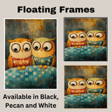 Whimsical Painting of Two Cute Colorful Owls in Sweaters Sitting Together on a Cozy Blanket in a Textured Artistic Style on Ready to Hang 1.5" Thick Canvas Wrap, Floating Framed Canvas, Flat Rolled Canvas