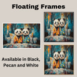 Cheerful Painting of Two Panda Bears in Colorful Pajamas Sitting on a Bed Surrounded by Bright Pillows with Joyful Faces and a Vivid Abstract Background on Ready to Hang 1.5" Thick Canvas Wrap, Floating Framed Canvas, Flat Rolled Canvas