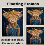 Happy Highland Cow in Overalls with Flower Crown Whimsical Hand Painted Floral Art Rustic Wall Decor for Farmhouse Kids Room Bedroom or Gift for Cow Lovers on Ready to Hang 1.5" Thick Canvas Wrap, Floating Framed Canvas, Flat Rolled Canvas