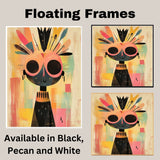 Colorful Abstract Tribal Character Art in Mid-Century Modern Style with Bold Feathers and Whimsical Expression for Living Room or Office Display on Ready to Hang 1.5" Thick Canvas Wrap, Floating Framed Canvas, Flat Rolled Canvas