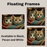 Painting of Two Adorable Kittens Wrapped in Colorful Patterned Blankets with Big Blue Eyes and Soft Fur Snuggled Together in a Warm Cozy and Whimsical Setting on Ready to Hang 1.5" Thick Canvas Wrap, Floating Framed Canvas, Flat Rolled Canvas