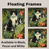 Jungle Retreat: Tuxedo Cat Mom and Four Kittens Exploring a Lush Tropical Paradise on Ready to Hang 1.5" Thick Canvas Wrap, Floating Framed Canvas, Flat Rolled Canvas