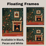 Cozy Christmas Folk Art Scene with Decorated Tree, Fireplace, Garland, Gifts, and Festive Birds in a Warm Holiday on Ready to Hang 1.5" Thick Canvas Wrap, Floating Framed Canvas, Flat Rolled Canvas