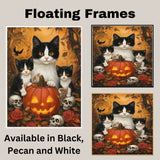 Haunted Forest Whispers: Tuxedo Cat Mom and Two Kittens with Pumpkin and Skeleton on Ready to Hang 1.5" Thick Canvas Wrap, Floating Framed Canvas, Flat Rolled Canvas