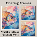Expressive Watercolor Fish Close-Up in Multicolor with Blue and Pink Ocean Splash Background Illustration Art Print on Ready to Hang 1.5" Thick Canvas Wrap, Floating Framed Canvas, Flat Rolled Canvas