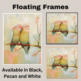 Charming Lovebirds Sitting Close on a Branch with Warm Pastel Floral Background on Ready to Hang 1.5" Thick Canvas Wrap, Floating Framed Canvas, Flat Rolled Canvas