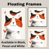 Playful Calico Cat Smiling with a Cute Red and Black Bird on Its Head in Minimalist Illustration Style on Ready to Hang 1.5" Thick Canvas Wrap, Floating Framed Canvas, Flat Rolled Canvas