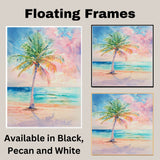 Palm Tree Overlooking Tranquil Ocean in Soft Watercolor Sunset Painting on Ready to Hang 1.5" Thick Canvas Wrap, Floating Framed Canvas, Flat Rolled Canvas