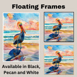 Vibrant Pelican Watercolor Painting with Colorful Ocean Waves and Sunset Reflection Scene on Ready to Hang 1.5" Thick Canvas Wrap, Floating Framed Canvas, Flat Rolled Canvas