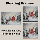 Festive Winter Scene with Red Barn, Horse-Drawn Sleigh, Snow-Covered Trees, White Houses, and a Cheerful Snowman on Ready to Hang 1.5" Thick Canvas Wrap, Floating Framed Canvas, Flat Rolled Canvas