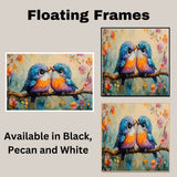 Painting of Two Cute Plump Birds Sitting Close Together on a Blossom Covered Branch with Bright Feathers Big Eyes and a Playful Springtime Background on Ready to Hang 1.5" Thick Canvas Wrap, Floating Framed Canvas, Flat Rolled Canvas