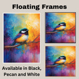 Colorful Chickadee on a Branch with Rainbow Background and Expressive Brush Strokes on Ready to Hang 1.5" Thick Canvas Wrap, Floating Framed Canvas, Flat Rolled Canvas